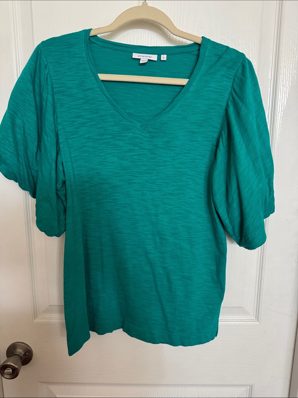 Chico's Teal V-Neck Short Puff Sleeve Top